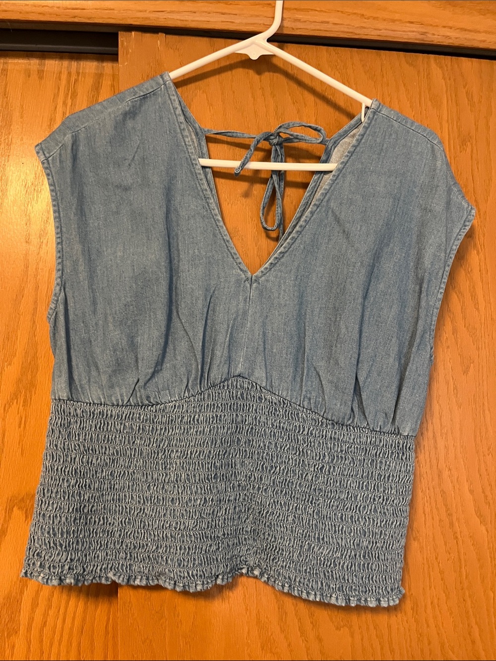 Old Navy Denim-Look V-Neck Smocked Waist Tank Top in Light Blue